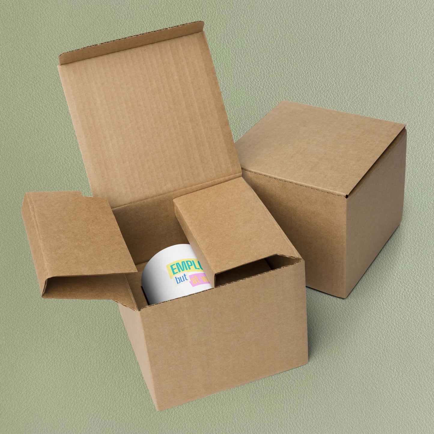 'Employed but at what cost?' mug nestled in its brown cardboard packaging box