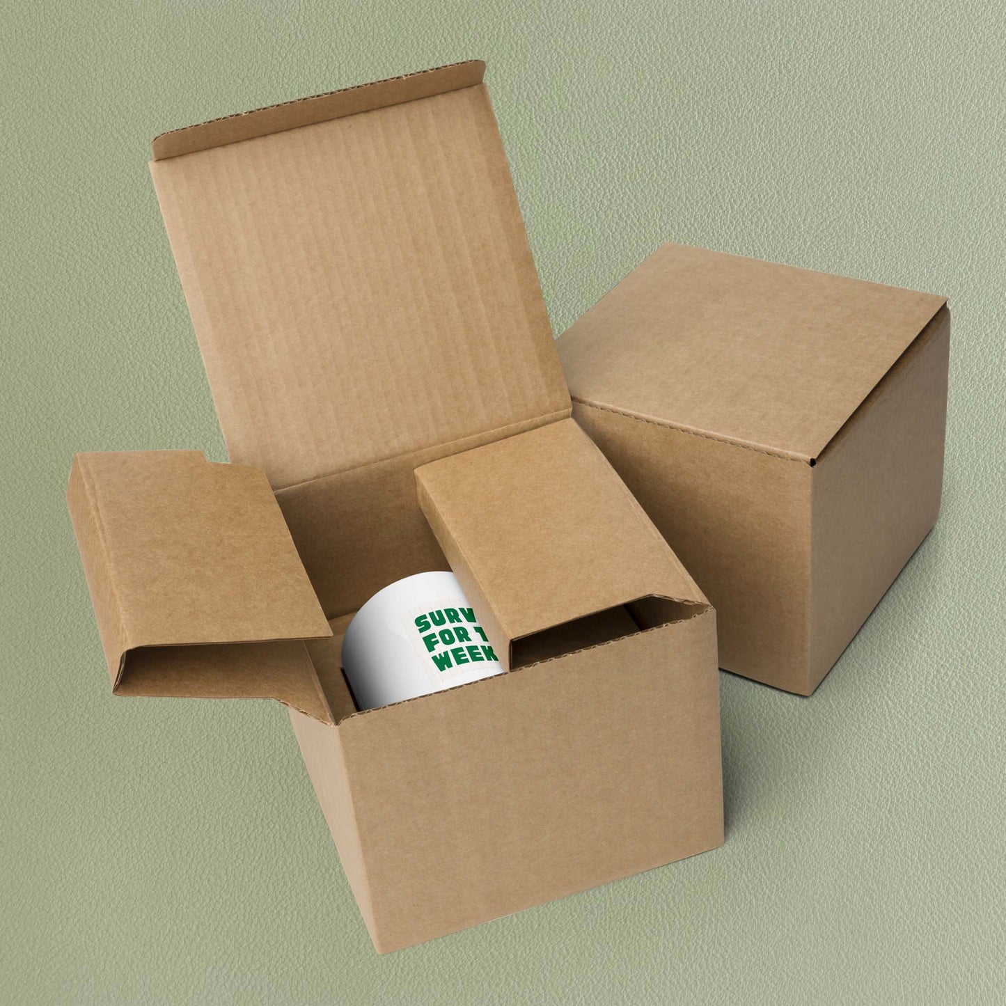 'Surviving for the weekend' mug nestled in its brown cardboard packaging box